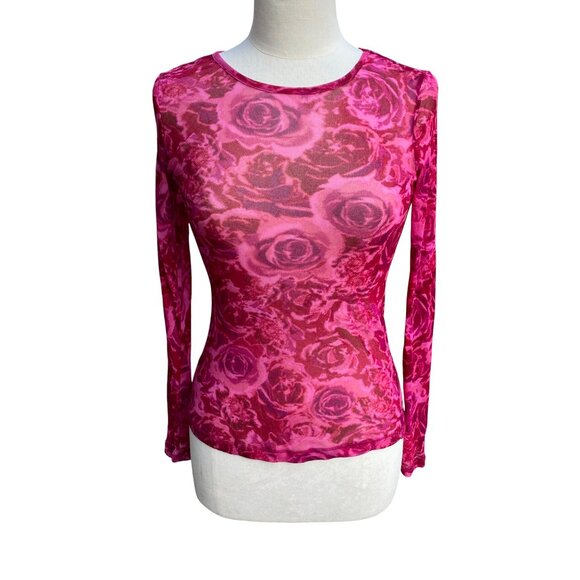 Y2K Sheer Long Sleeve Mesh Floral Top Pink Whimsigoth Fairy Grunge Coquette-S - Picture 4 of 9